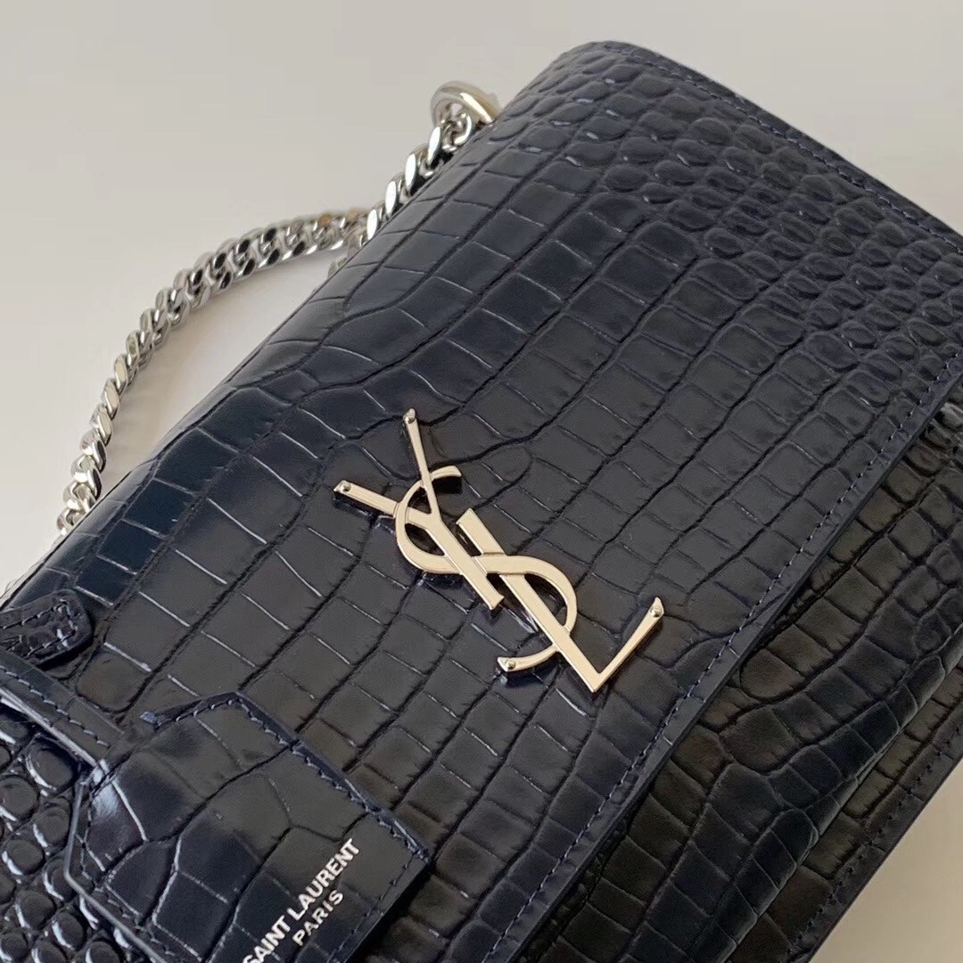 Saint Laurent Sunset Medium Bag In Blue Crocodile Embossed Leather