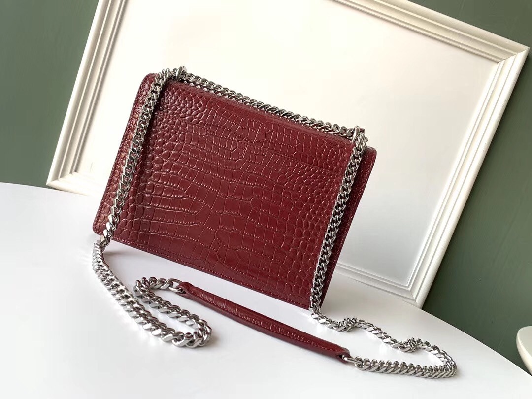 Saint Laurent Sunset Medium Bag In Bordeaux Crocodile Embossed Leather