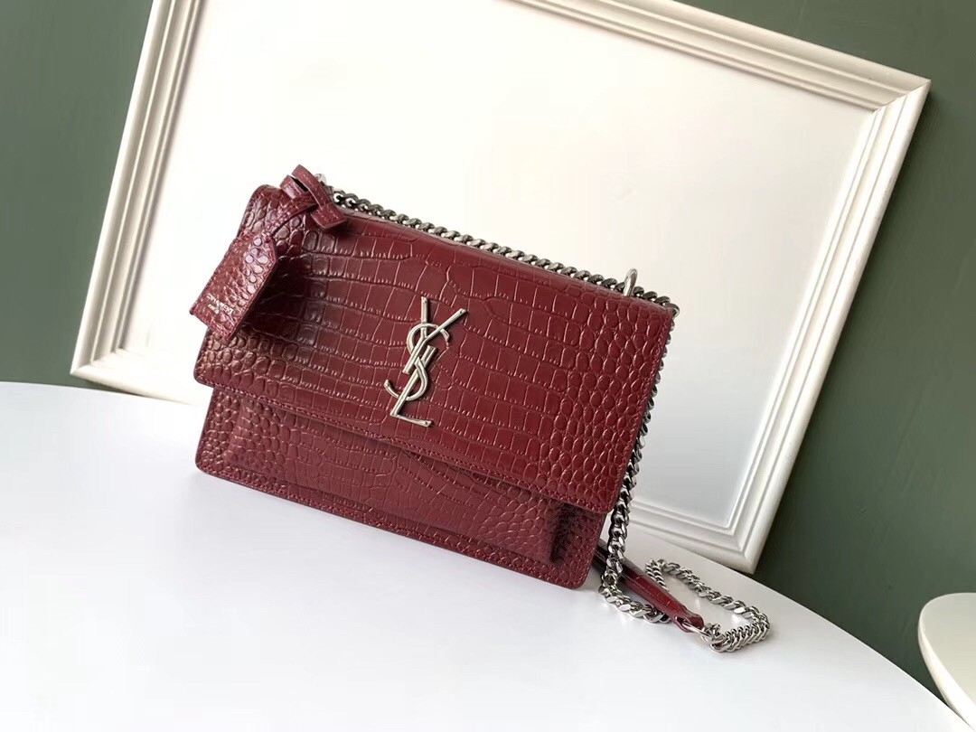 Saint Laurent Sunset Medium Bag In Bordeaux Crocodile Embossed Leather