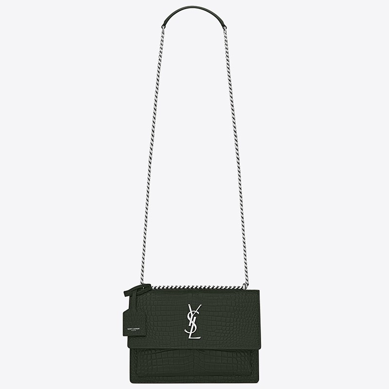 Saint Laurent Sunset Medium Bag In Green Crocodile Embossed Leather