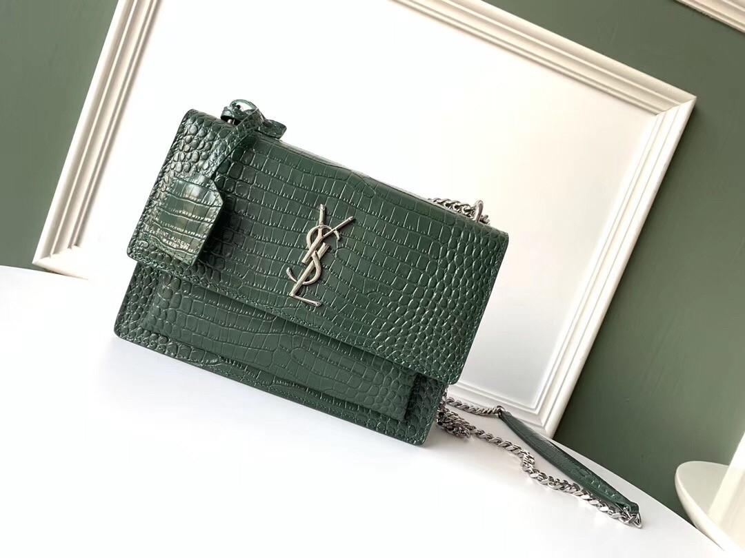 Saint Laurent Sunset Medium Bag In Green Crocodile Embossed Leather