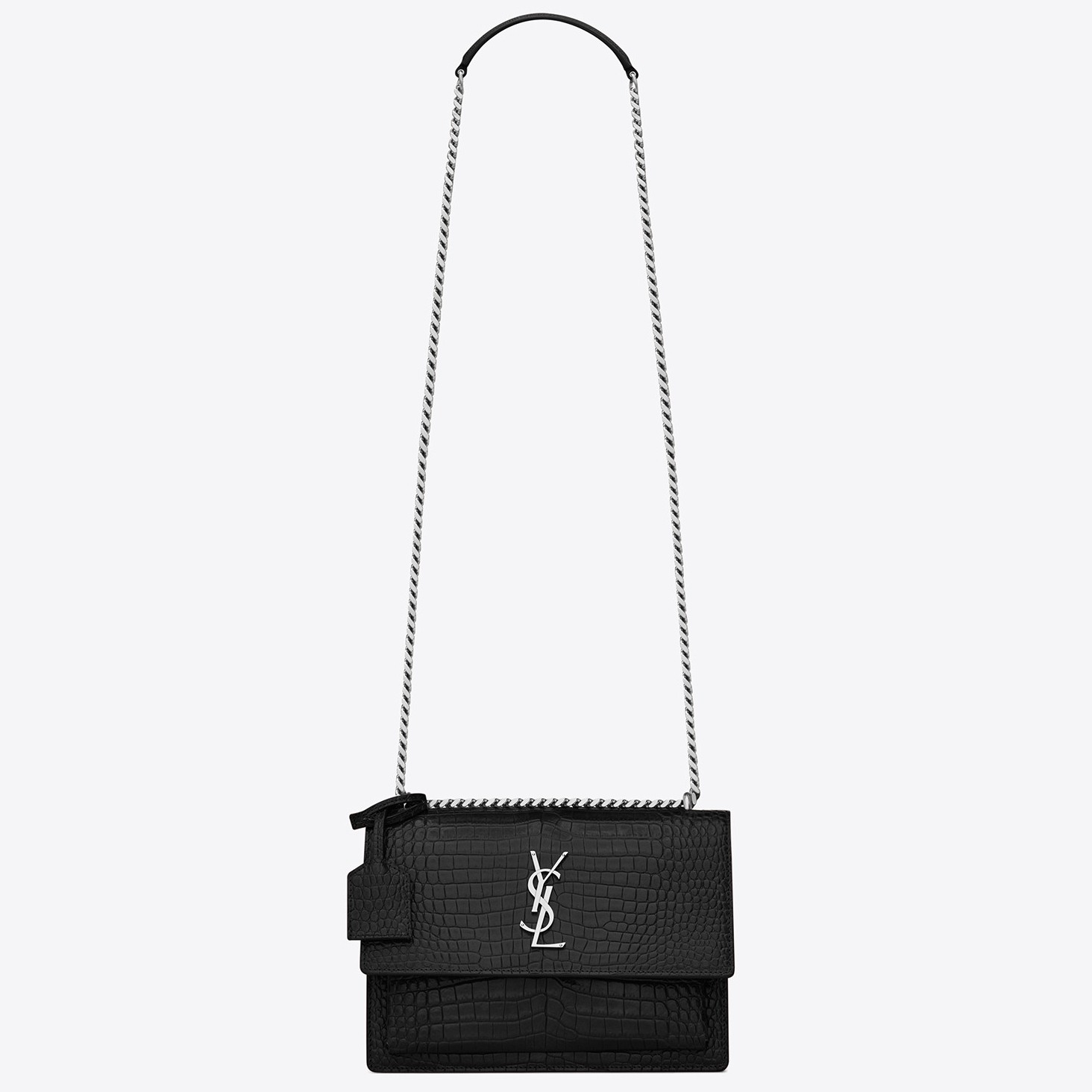 Saint Laurent Sunset Medium Bag In Black Crocodile Embossed Leather