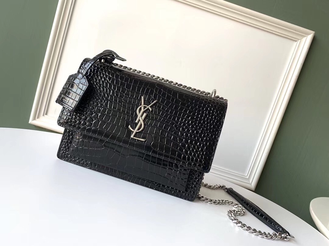 Saint Laurent Sunset Medium Bag In Black Crocodile Embossed Leather