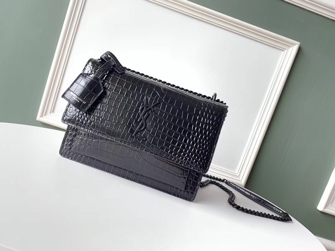 Saint Laurent Sunset Medium Bag In Noir Crocodile Embossed Leather