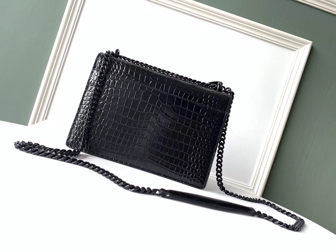 Saint Laurent Sunset Medium Bag In Noir Crocodile Embossed Leather