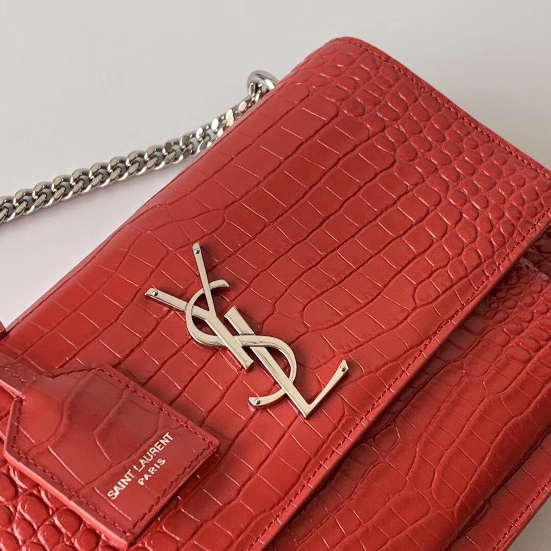 Saint Laurent Sunset Medium Bag In Red Crocodile Embossed Leather