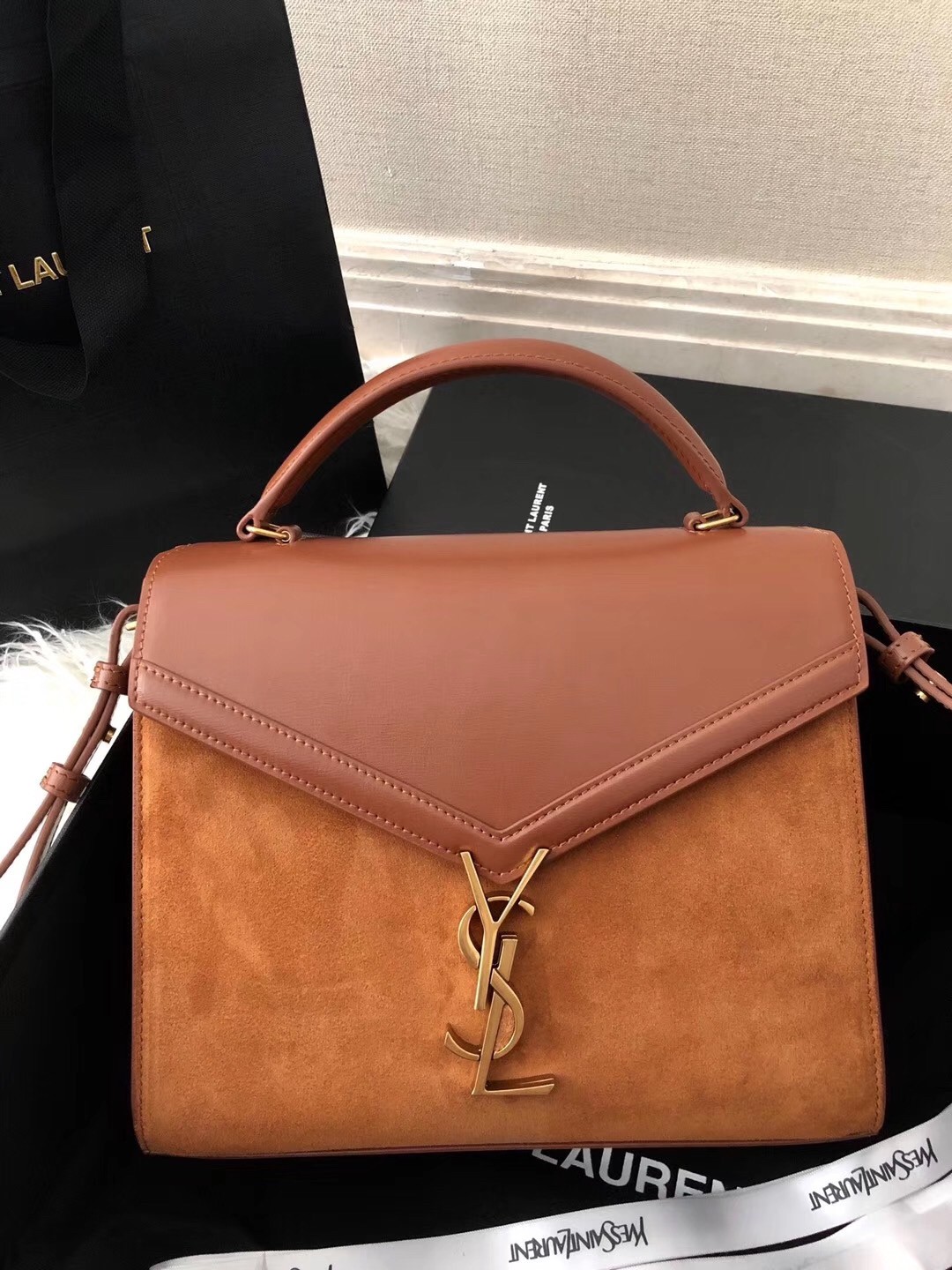 Saint Laurent Cassandra Medium Bag In Brown Suede