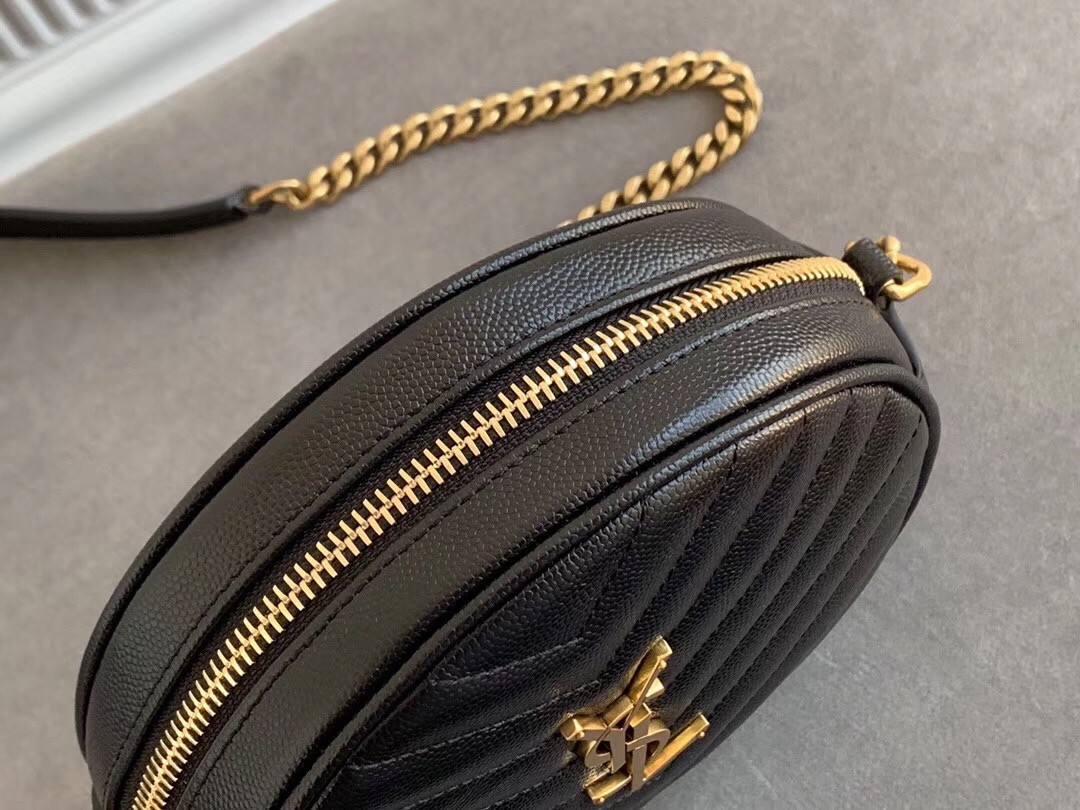 Saint Laurent Vinyle Round Camera Bag In Black Grained Leather