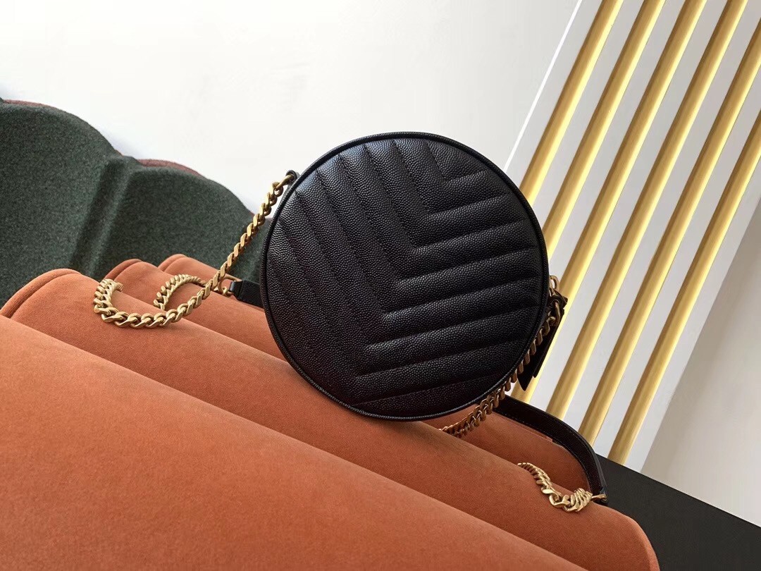 Saint Laurent Vinyle Round Camera Bag In Black Grained Leather