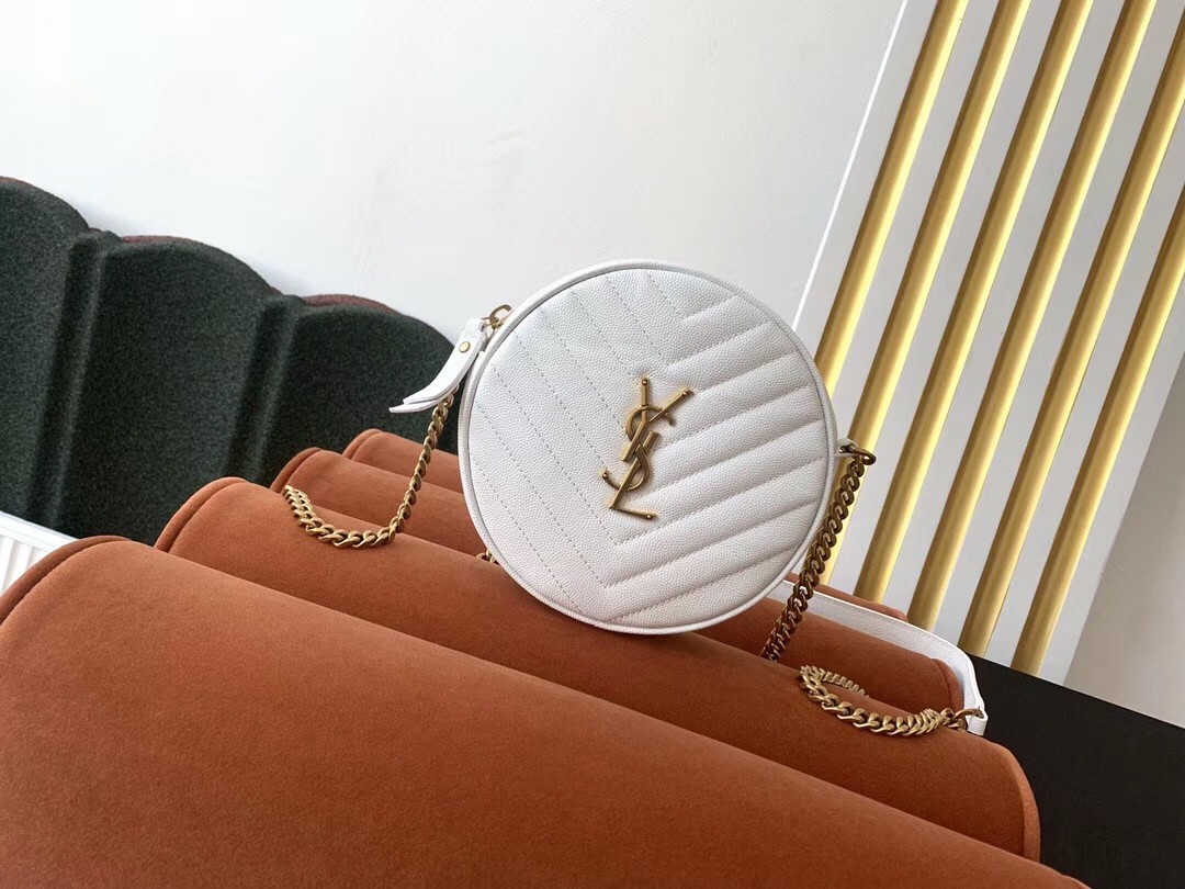 Saint Laurent Vinyle Round Camera Bag In White Grained Leather