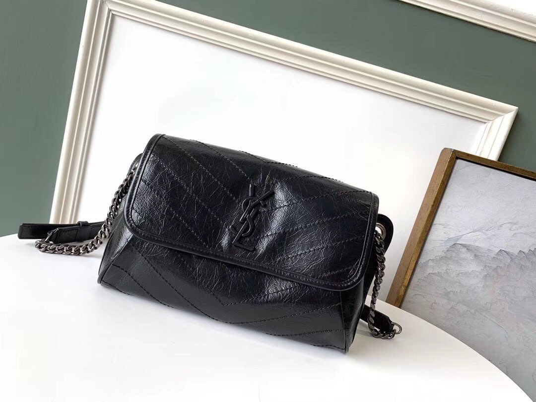 Saint Laurent Niki Body Bag In Black Crinkled Vintage Leather