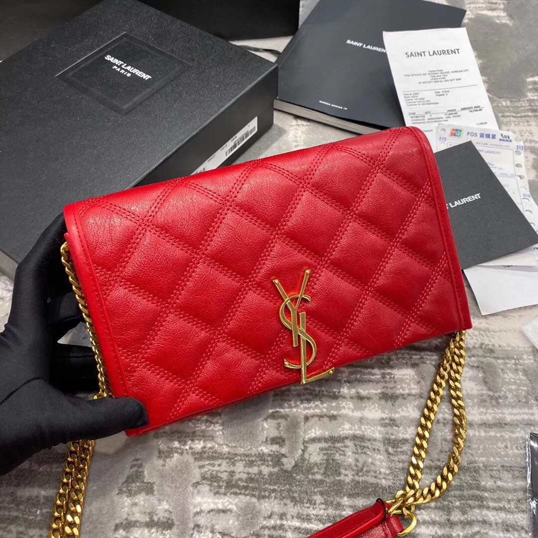 Saint Laurent WOC Becky Chain Wallet In Red Lambskin