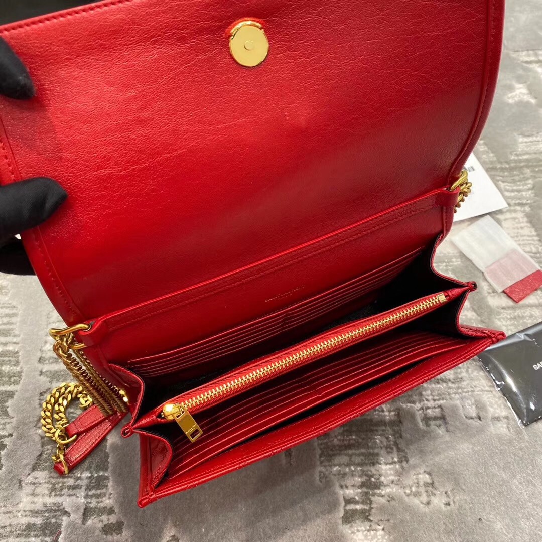 Saint Laurent WOC Becky Chain Wallet In Red Lambskin