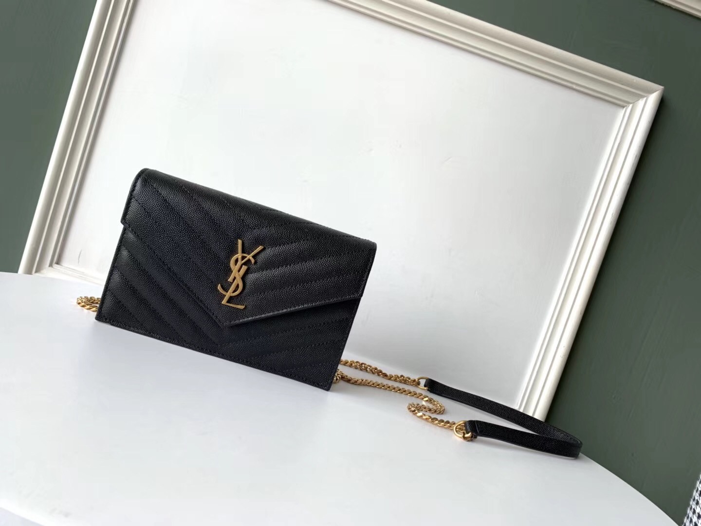 Saint Laurent WOC Envelope Chain Wallet In Black Leather