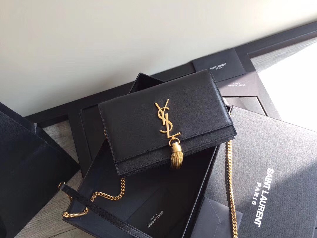 Saint Laurent WOC Kate Tassel Chain Wallet In Black Calfskin