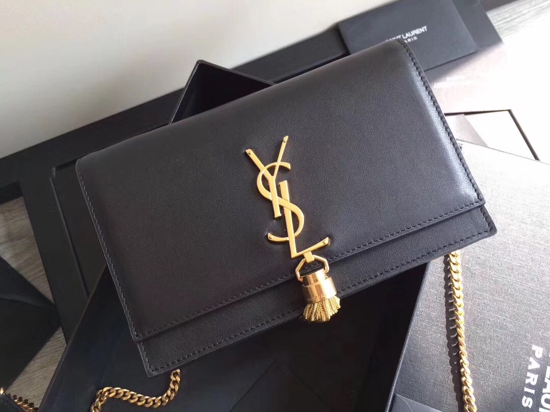 Saint Laurent WOC Kate Tassel Chain Wallet In Black Calfskin