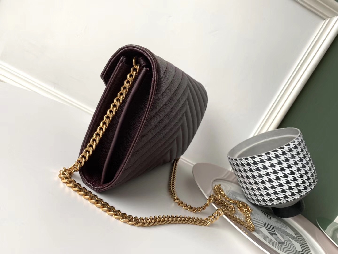 Saint Laurent WOC Monogram Chain Wallet In Bordeaux Leather