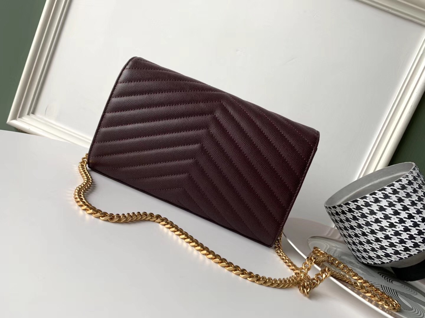 Saint Laurent WOC Monogram Chain Wallet In Bordeaux Leather