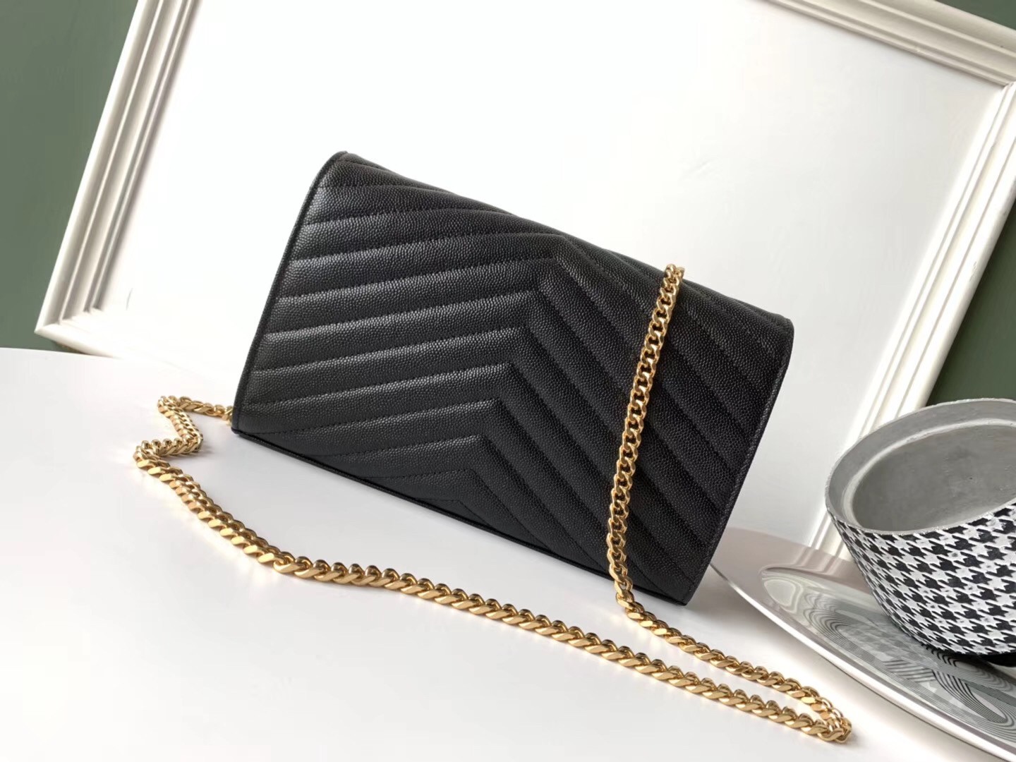 Saint Laurent WOC Monogram Chain Wallet In Black Leather