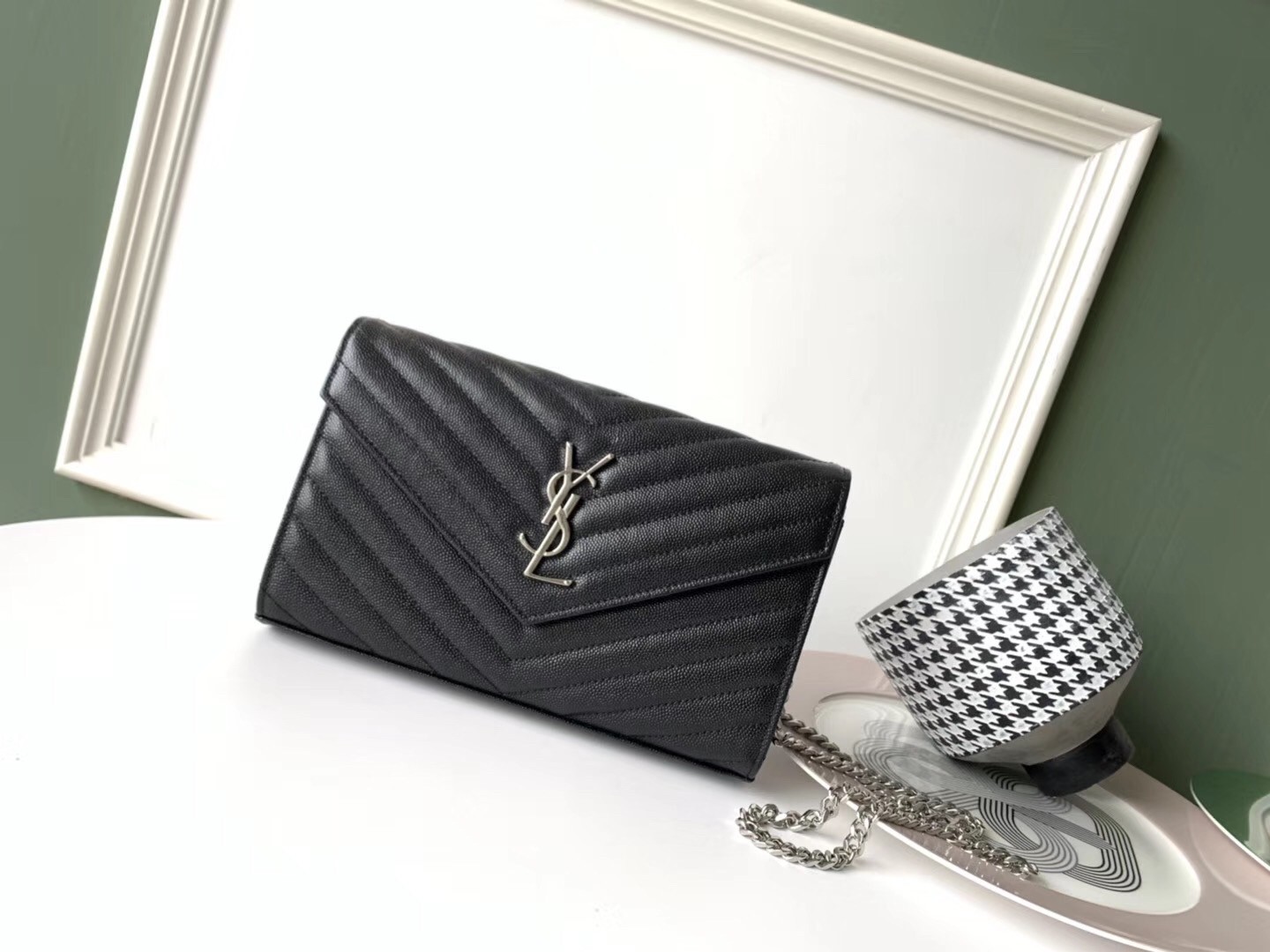 Saint Laurent WOC Monogram Chain Wallet In Noir Leather