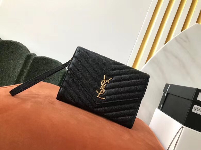 Saint Laurent Monogram Clutch In Black Grained Leather