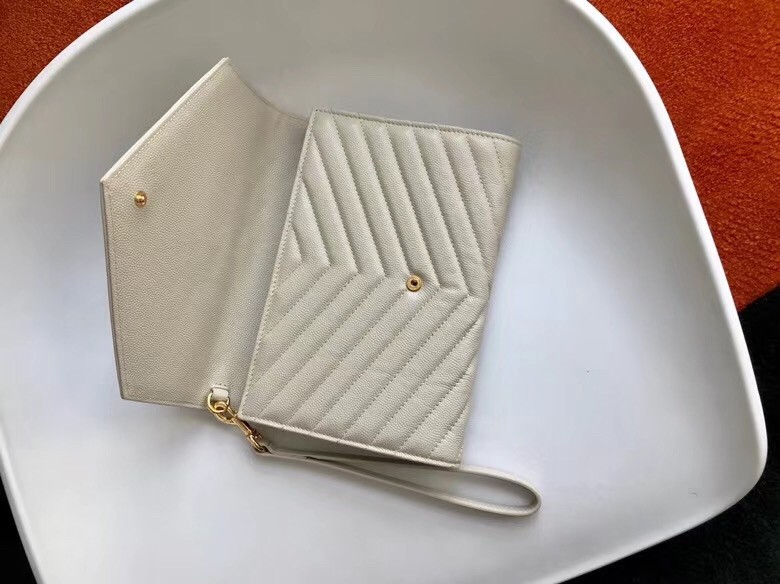 Saint Laurent Monogram Clutch In White Grained Leather