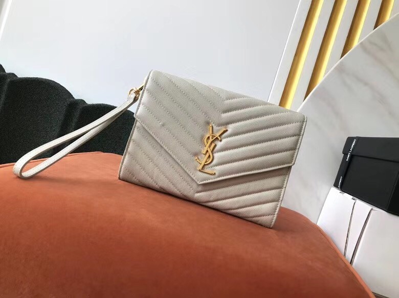 Saint Laurent Monogram Clutch In White Grained Leather