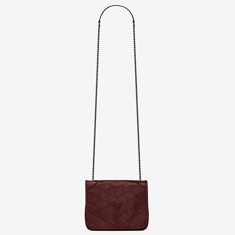 Saint Laurent WOC Niki Chain Wallet In Bordeaux Crinkled Leather