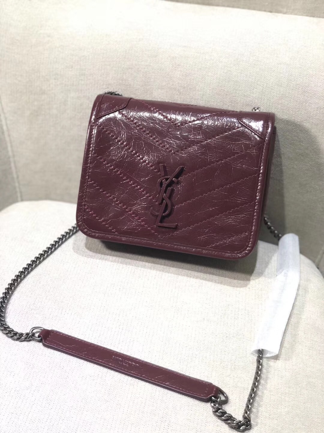 Saint Laurent WOC Niki Chain Wallet In Bordeaux Crinkled Leather