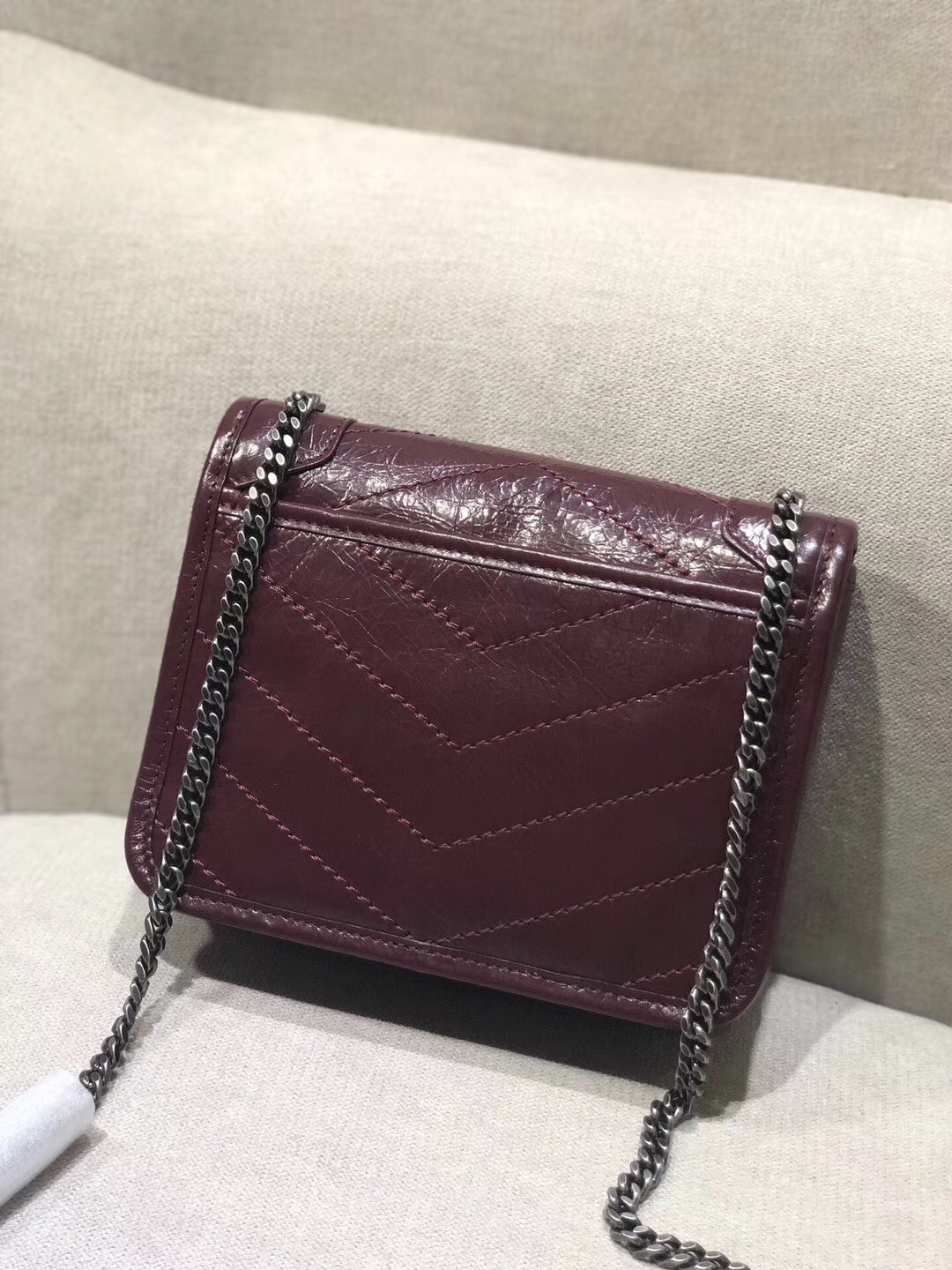 Saint Laurent WOC Niki Chain Wallet In Bordeaux Crinkled Leather