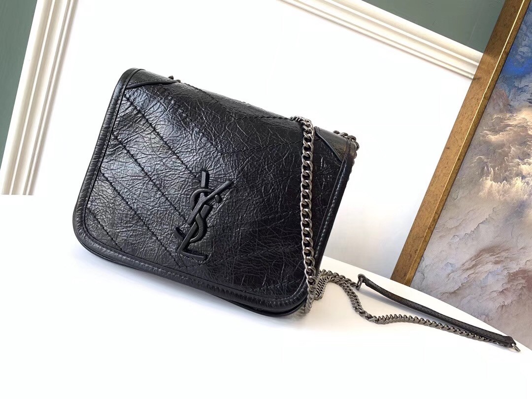 Saint Laurent WOC Niki Chain Wallet In Black Crinkled Leather