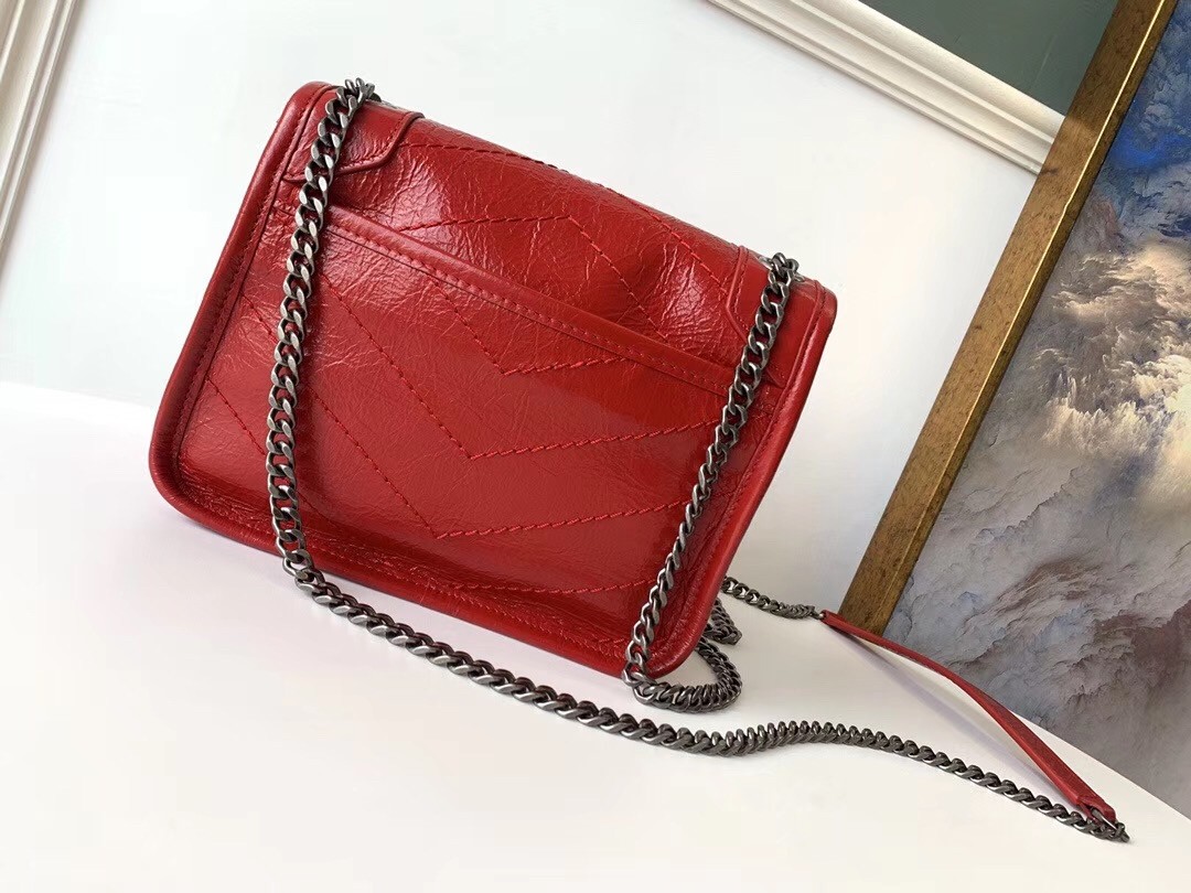 Saint Laurent WOC Niki Chain Wallet In Red Crinkled Leather