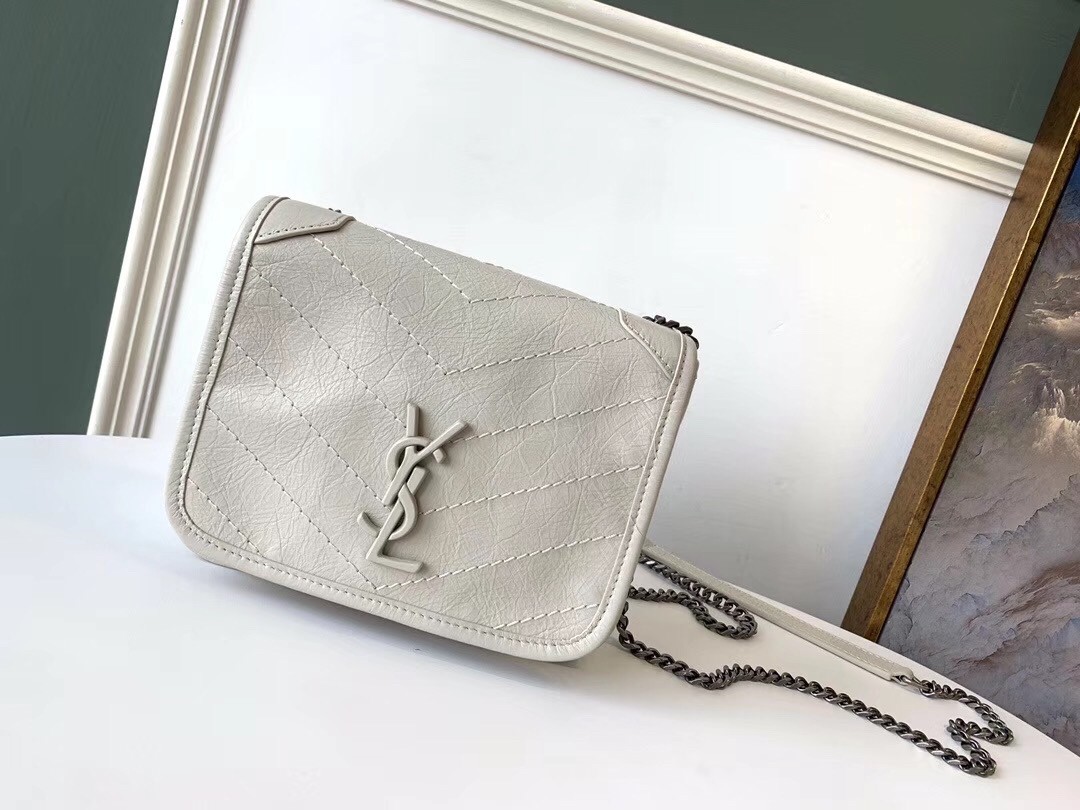 Saint Laurent WOC Niki Chain Wallet In White Crinkled Leather