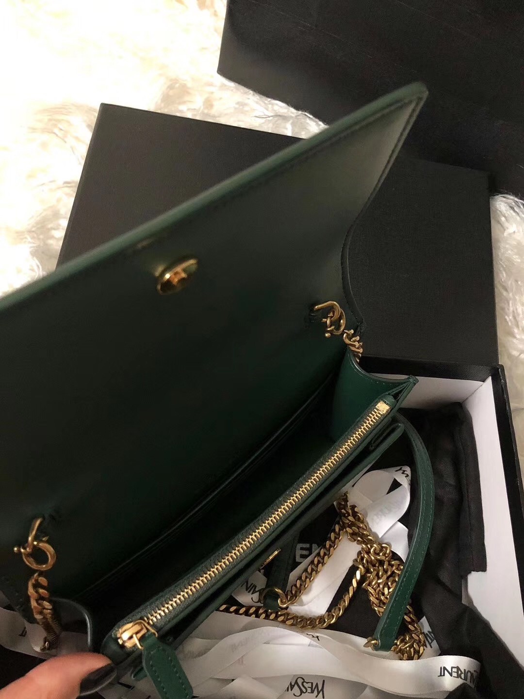 Saint Laurent WOC Sunset Chain Wallet In Green Calfskin