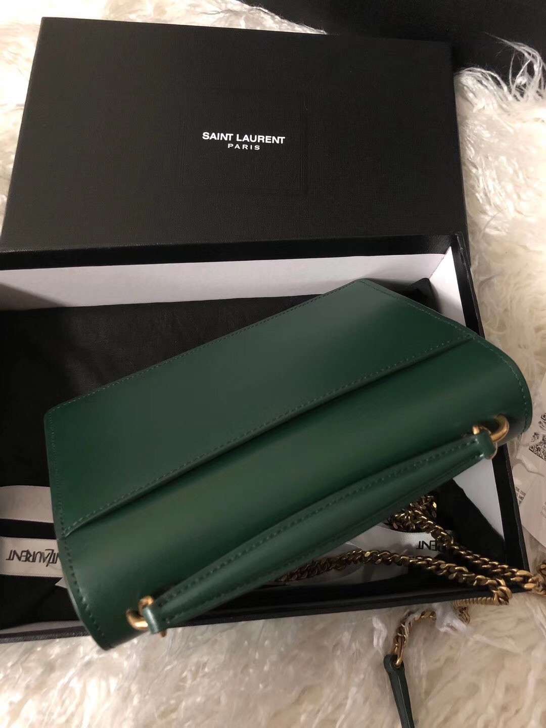 Saint Laurent WOC Sunset Chain Wallet In Green Calfskin