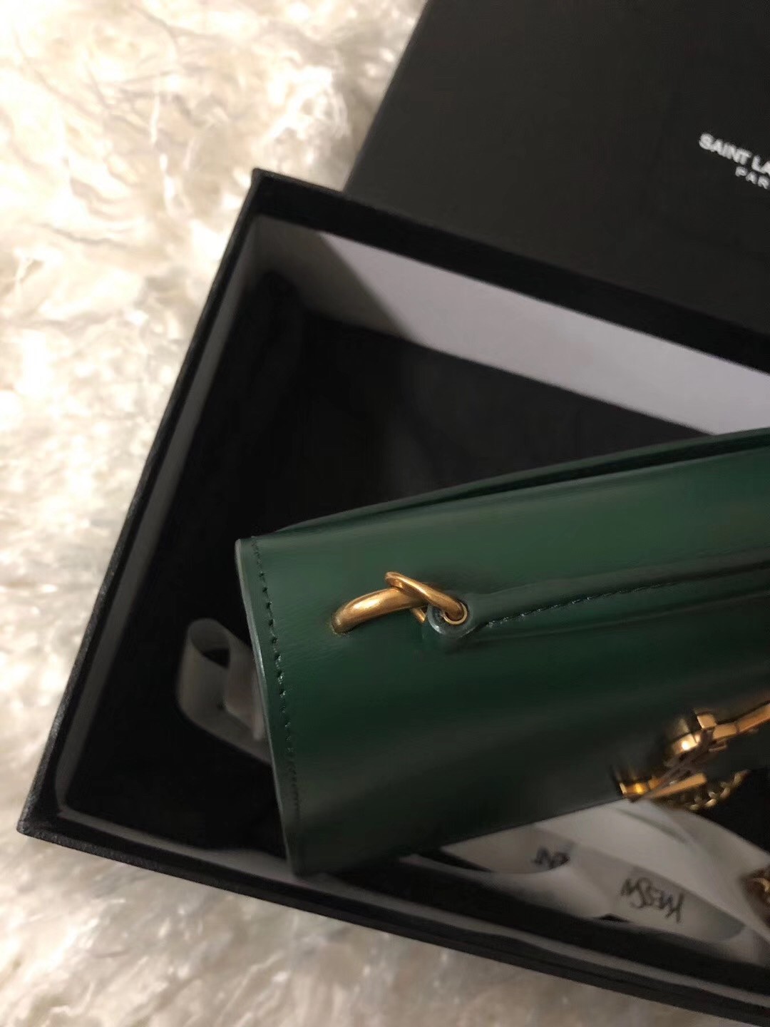 Saint Laurent WOC Sunset Chain Wallet In Green Calfskin