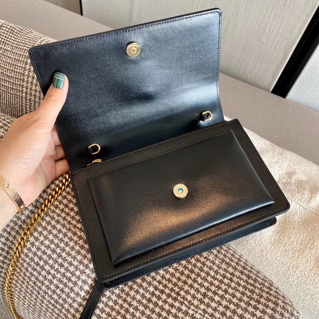 Saint Laurent WOC Sunset Chain Wallet In Black Calfskin