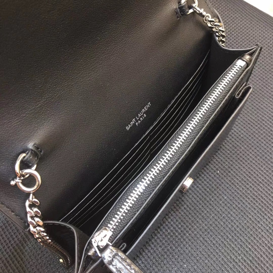 Saint Laurent WOC Sunset Chain Wallet In Black Croc-Embossed Leather