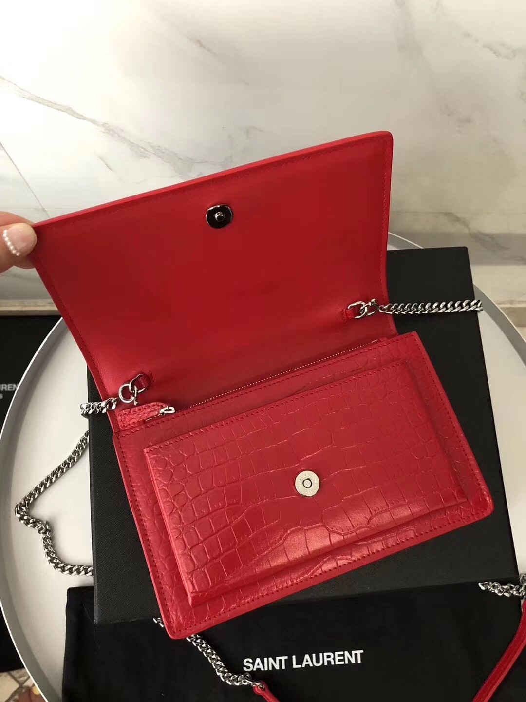 Saint Laurent WOC Sunset Chain Wallet In Red Croc-Embossed Leather