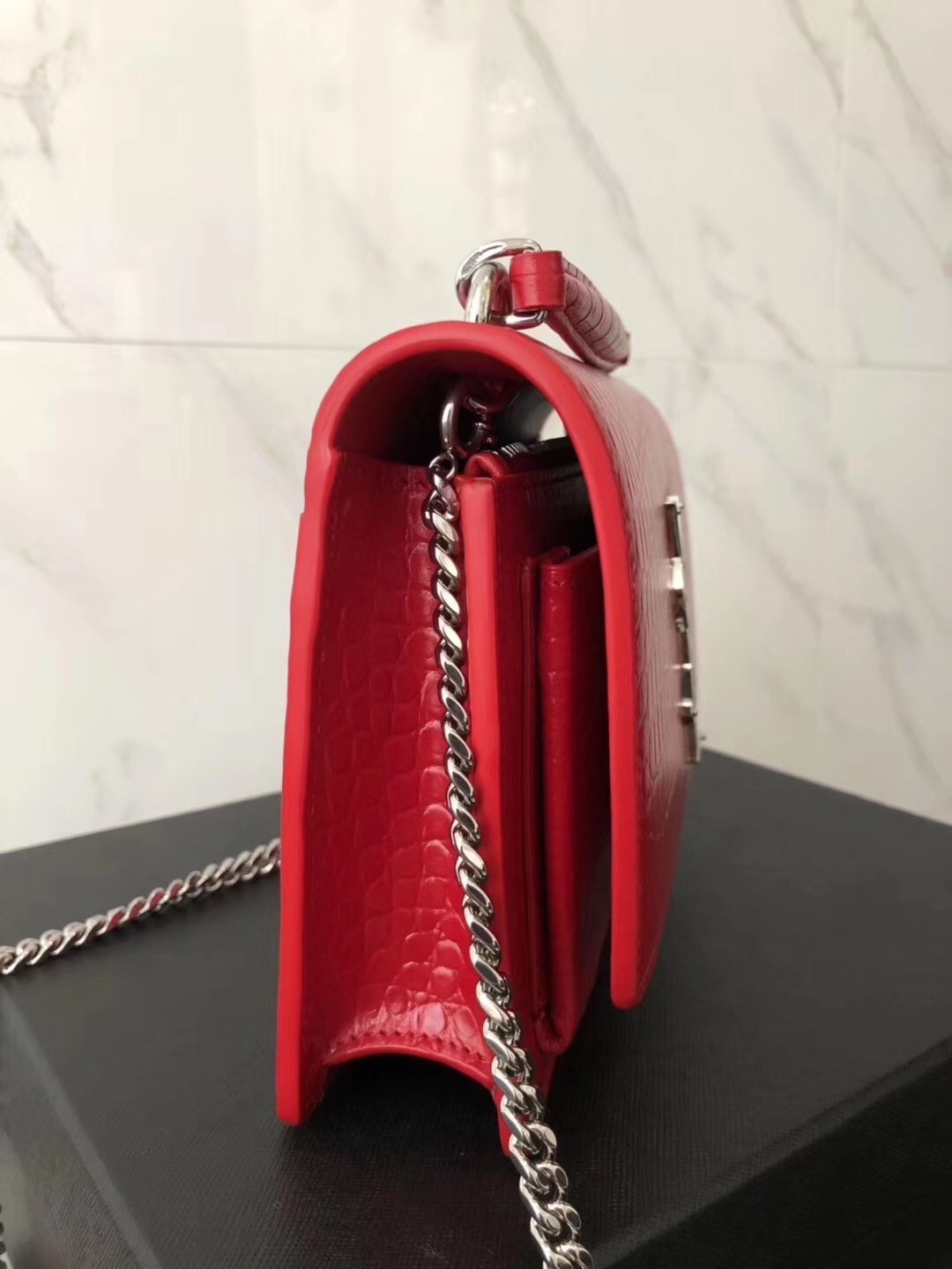 Saint Laurent WOC Sunset Chain Wallet In Red Croc-Embossed Leather