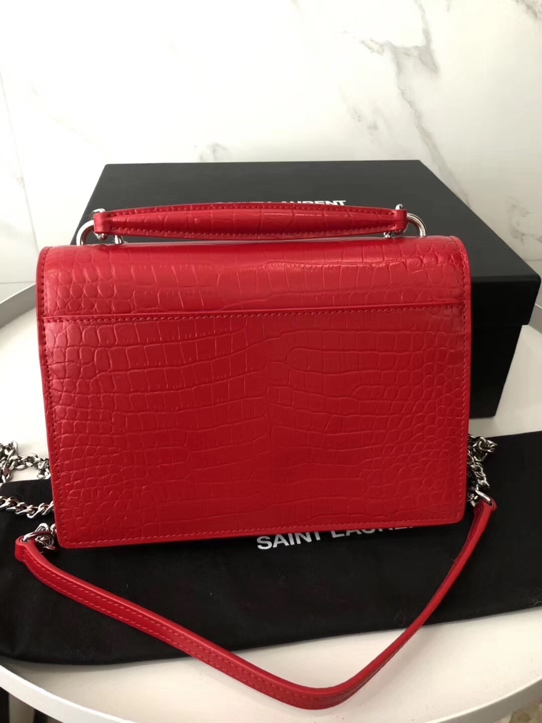 Saint Laurent WOC Sunset Chain Wallet In Red Croc-Embossed Leather