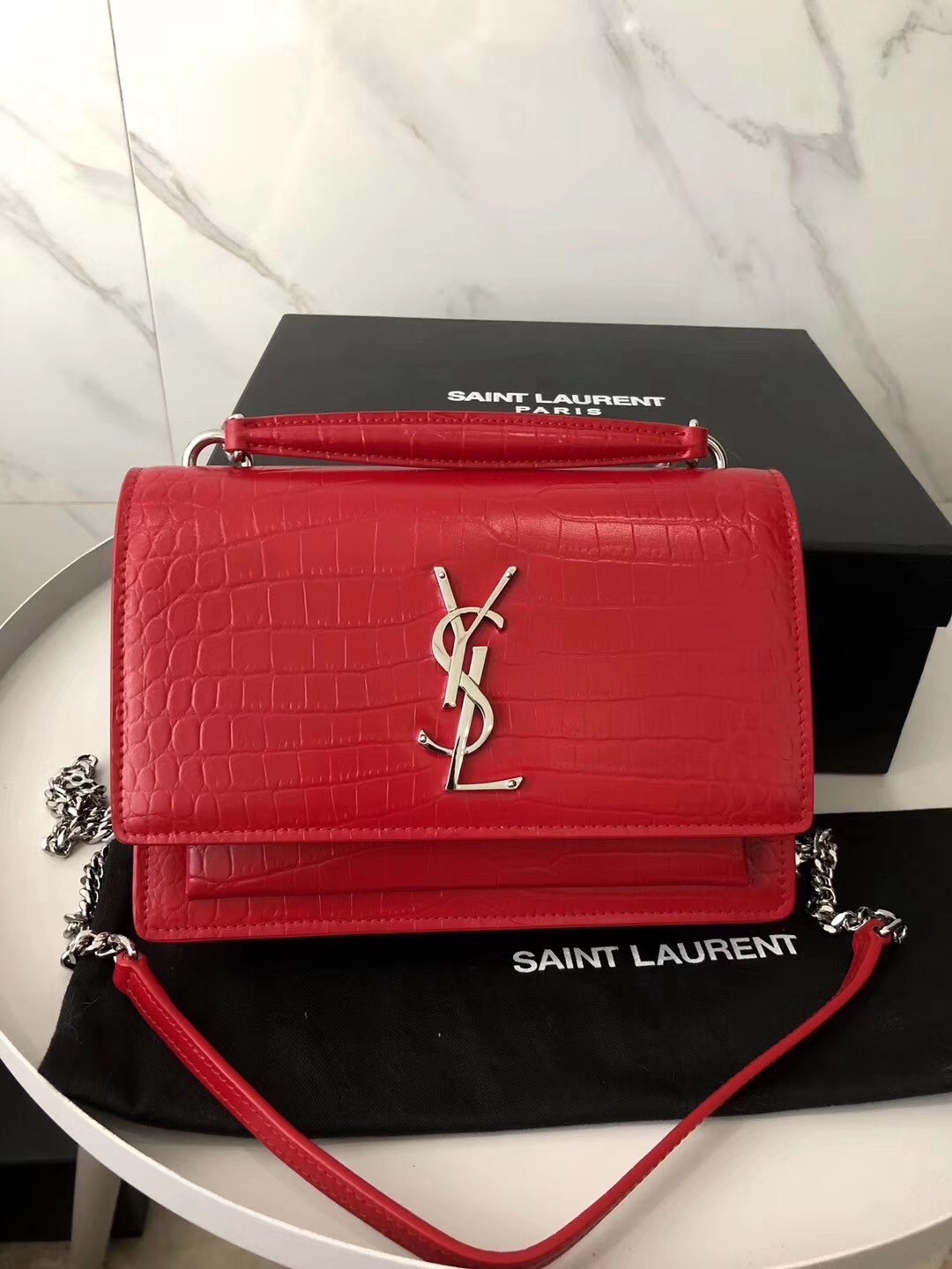 Saint Laurent WOC Sunset Chain Wallet In Red Croc-Embossed Leather