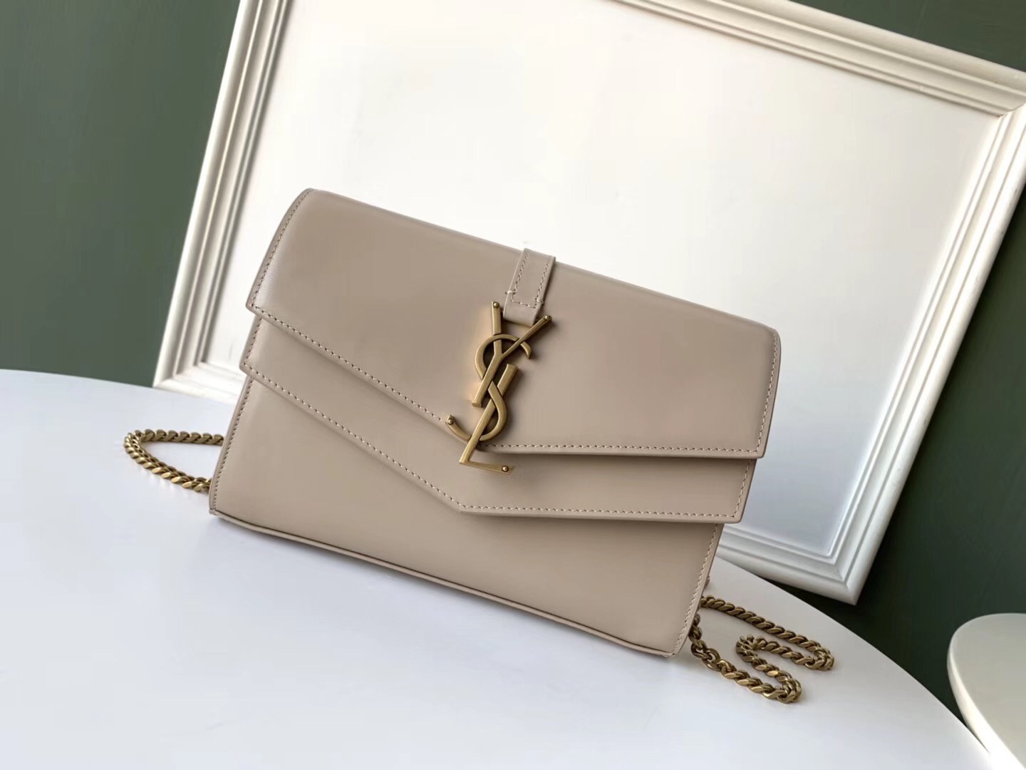 Saint Laurent WOC Sulpice Chain Wallet In Beige Calfskin