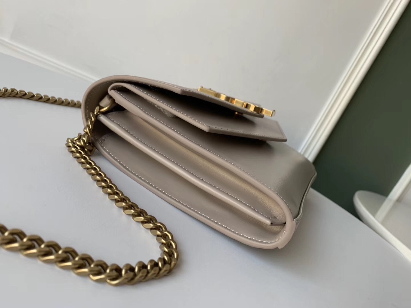 Saint Laurent WOC Sulpice Chain Wallet In Beige Calfskin