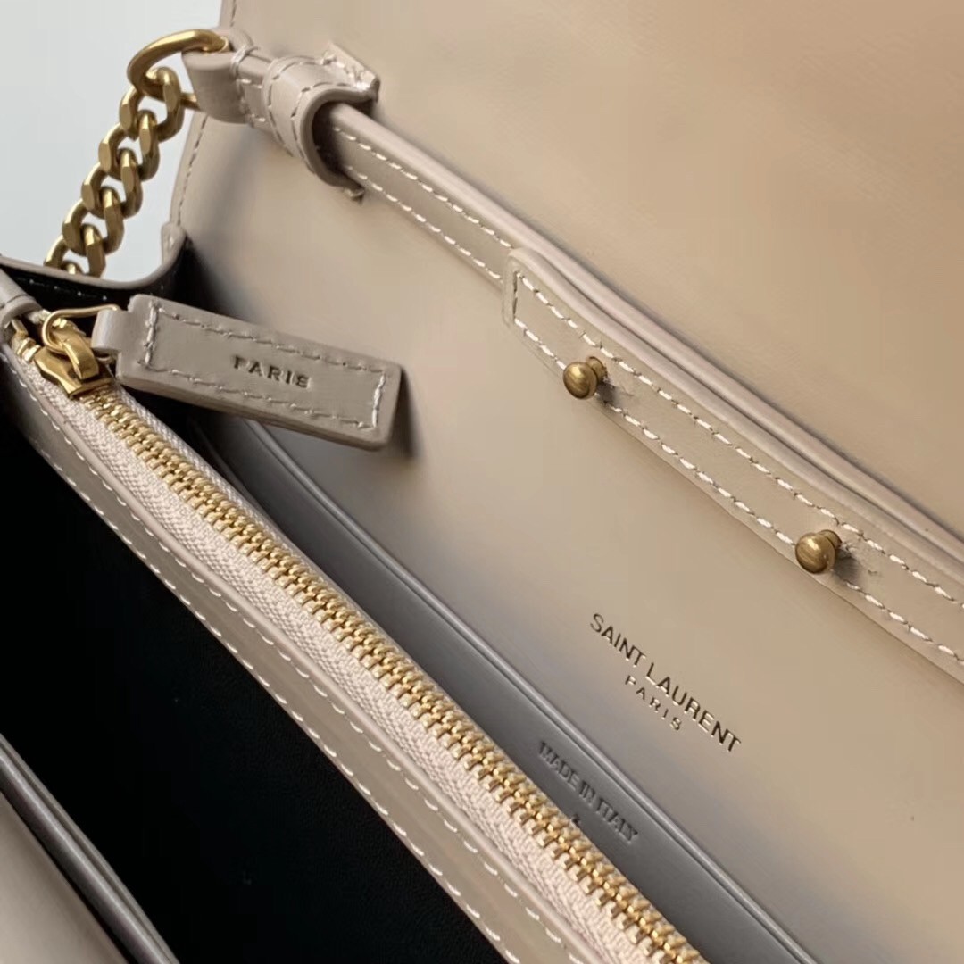 Saint Laurent WOC Sulpice Chain Wallet In Beige Calfskin