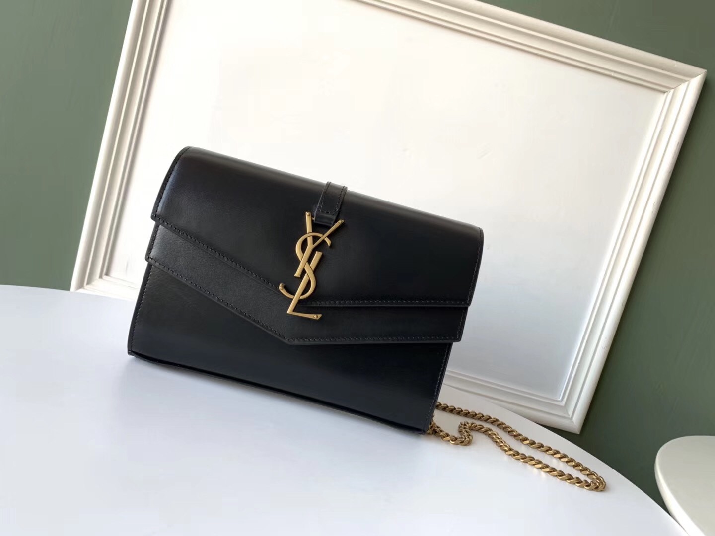 Saint Laurent WOC Sulpice Chain Wallet In Black Calfskin