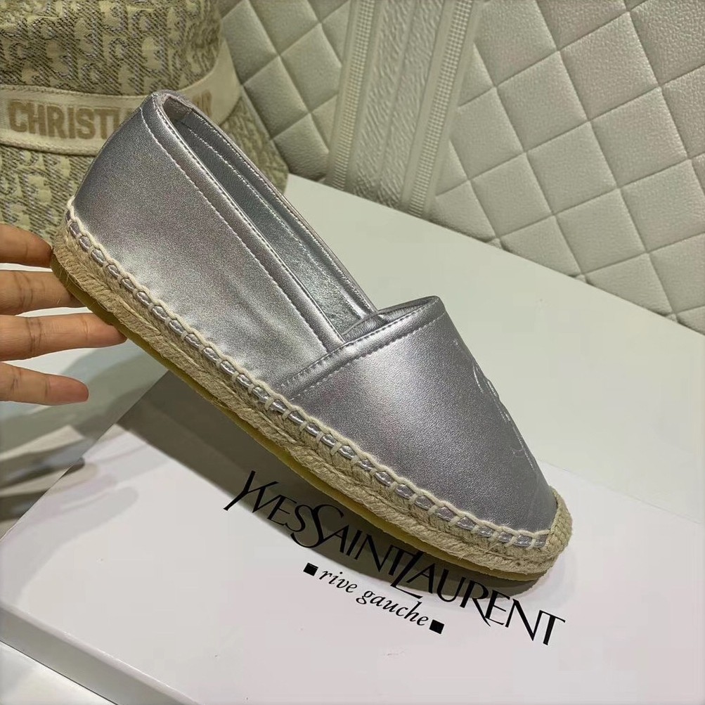 Saint Laurent Monogram Espadrilles In Silver Metallic Lambskin