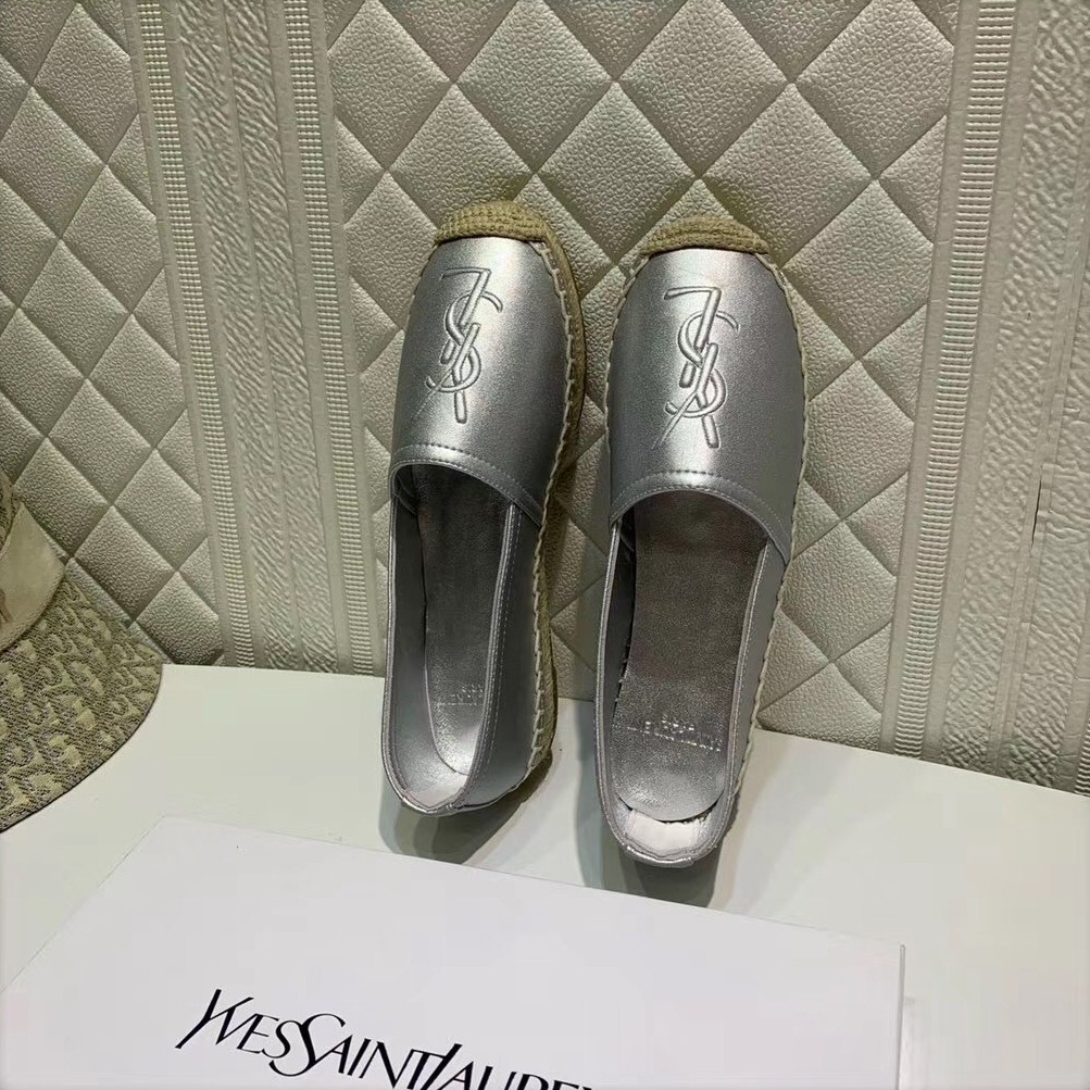 Saint Laurent Monogram Espadrilles In Silver Metallic Lambskin