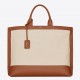 Saint Laurent Tag Shopping Bag In Canvas And Brown Leather