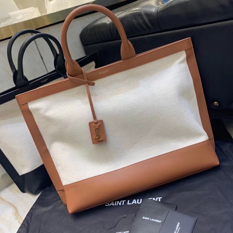 Saint Laurent Tag Shopping Bag In Canvas And Brown Leather